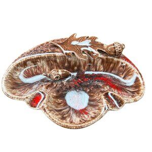 Vintage Mid Century Modern ceramic ashtray with leaf and acorns MCM brown red